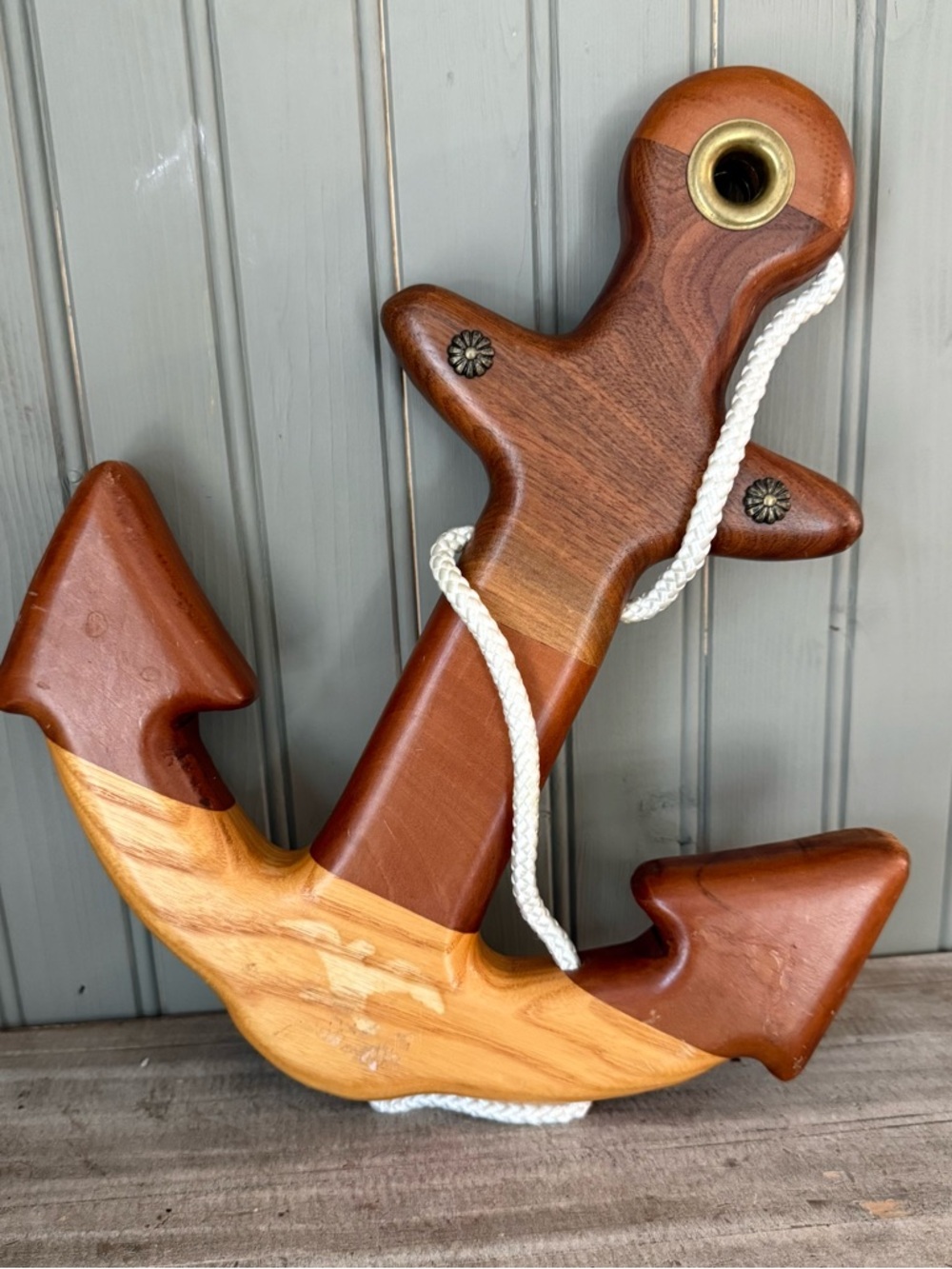 Vintage Hand Carved Nautical Anchor Hard Wood Brass And Rope Details Beach Lake